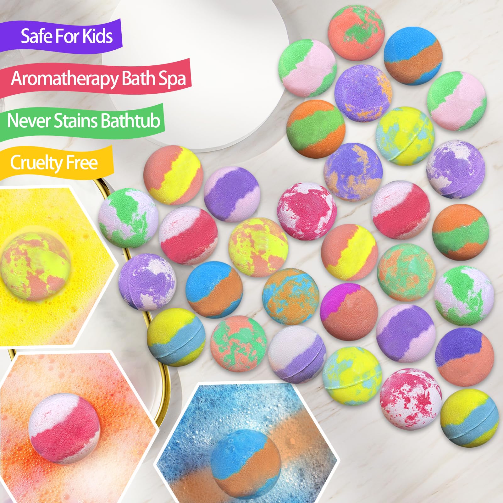 Lisotera bath bomb next to a child’s hand showing scale and child-friendly size