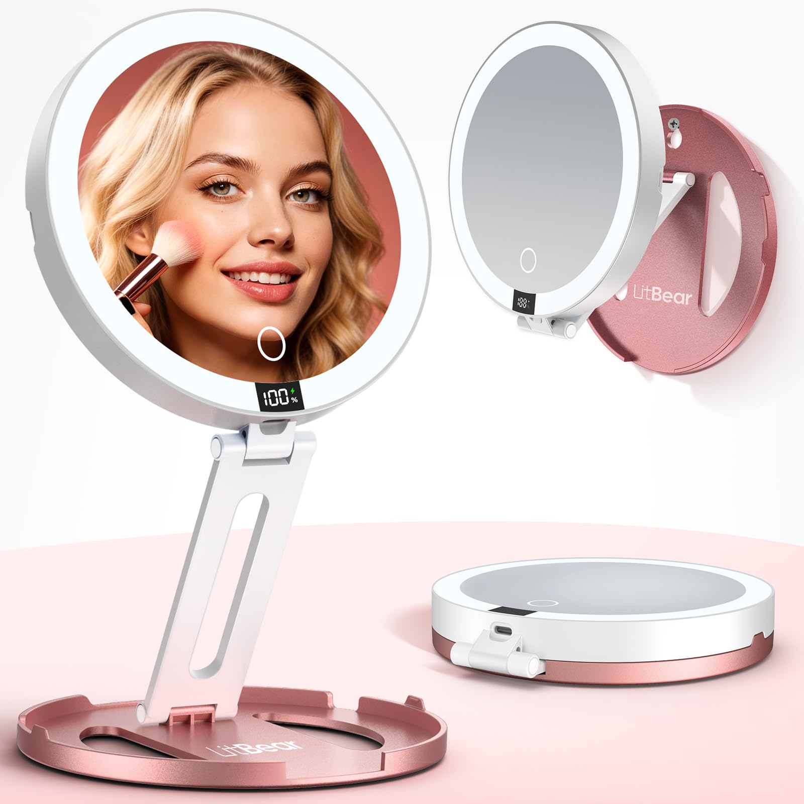 LitBear front closed mirror showing compact travel-friendly design and easy storage