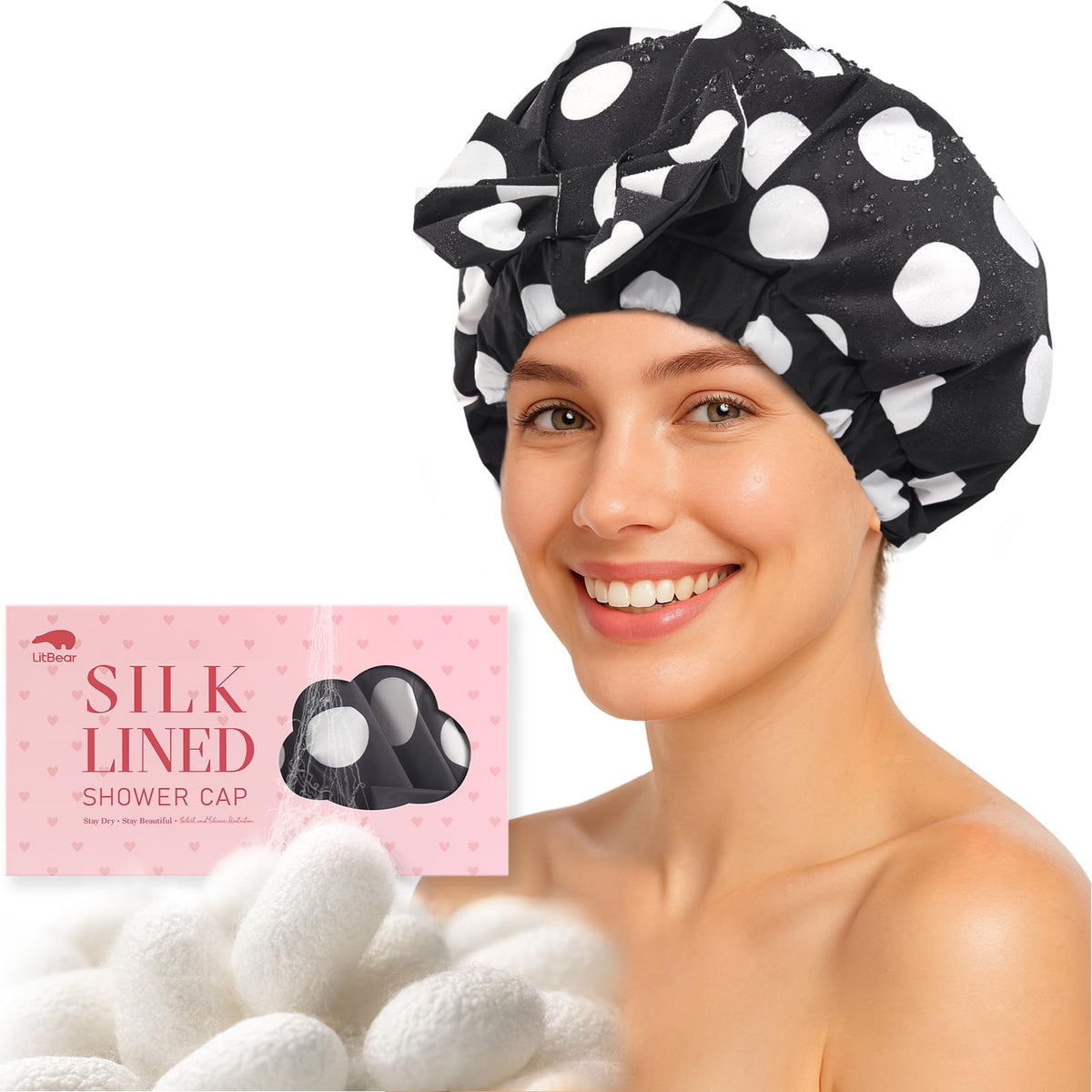 LitBear front view of shower cap showing elegant silhouette and protective coverage