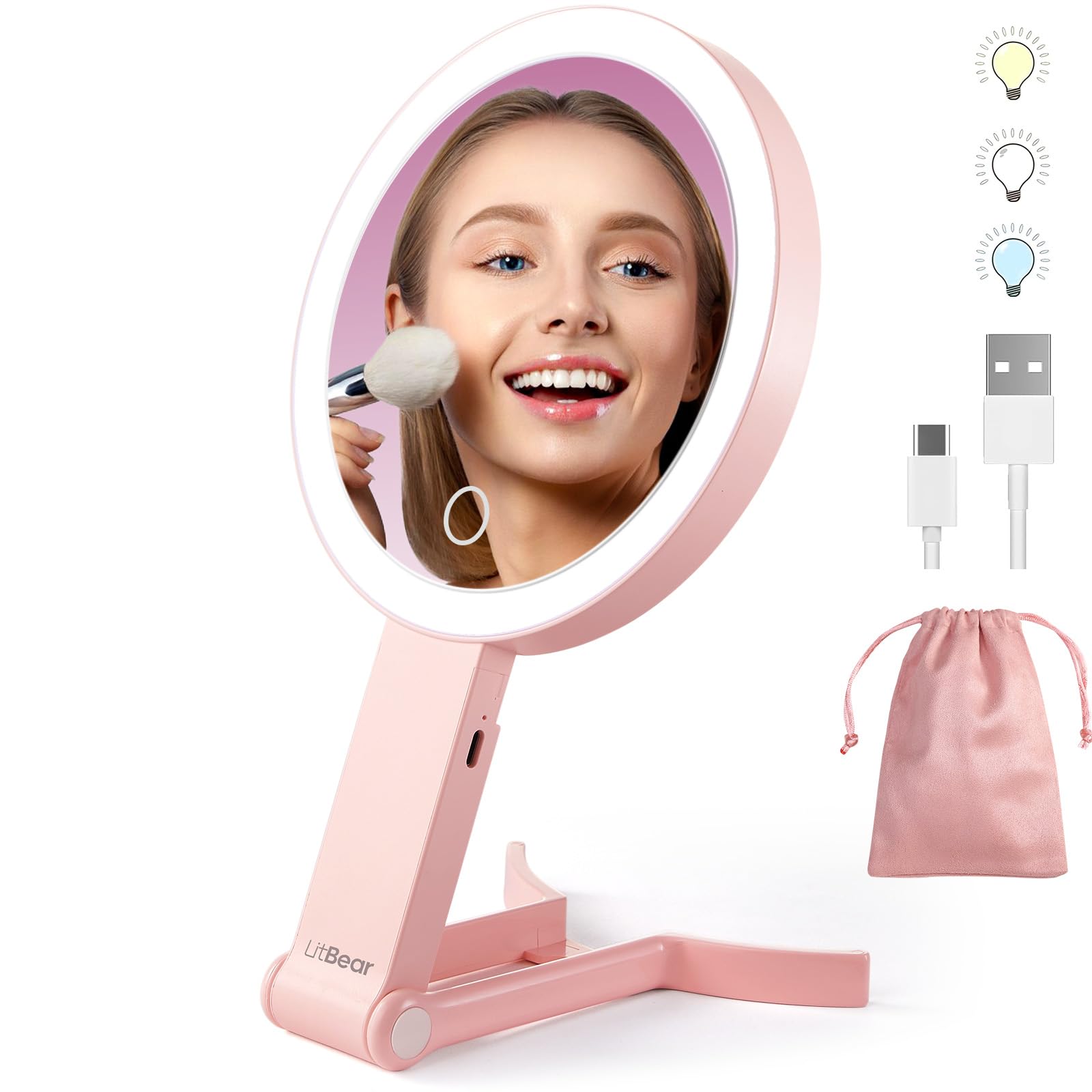 LitBear front view pink mirror showing full-face reflection and bright lighting benefit