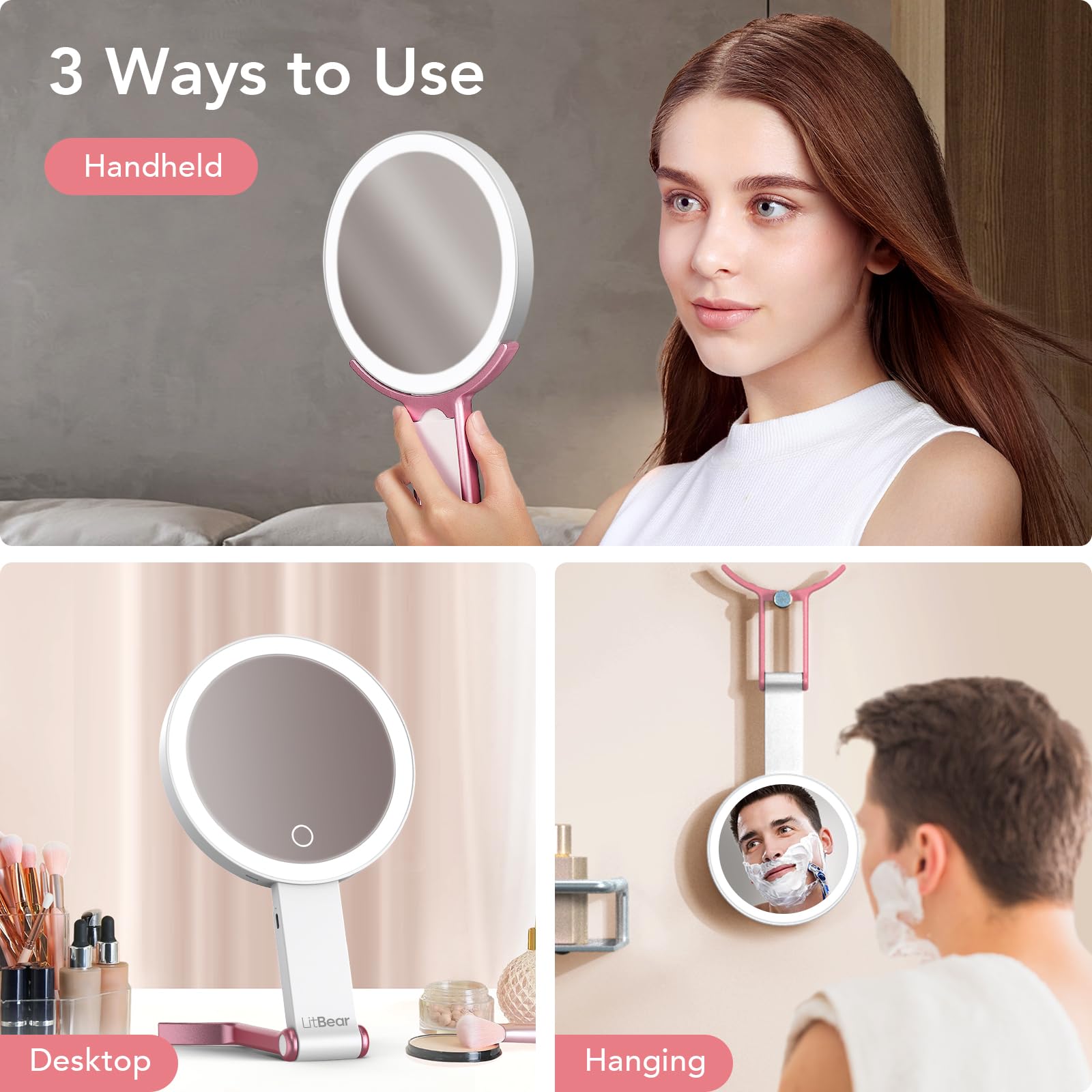 LitBear handheld mirror in use, portable touch-up benefit