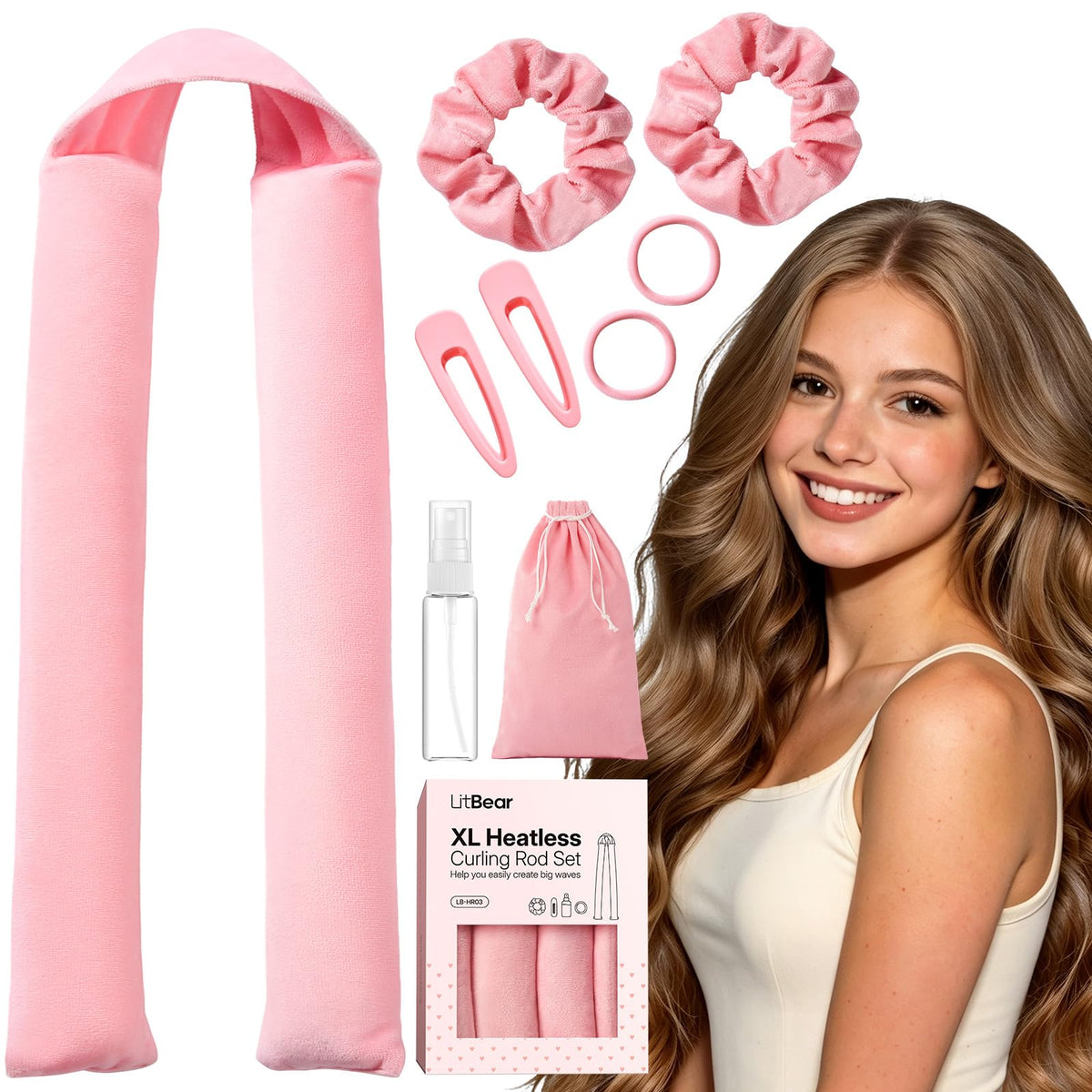 LitBear front view of jumbo curler showing size and soft velvet, offering heatless volume
