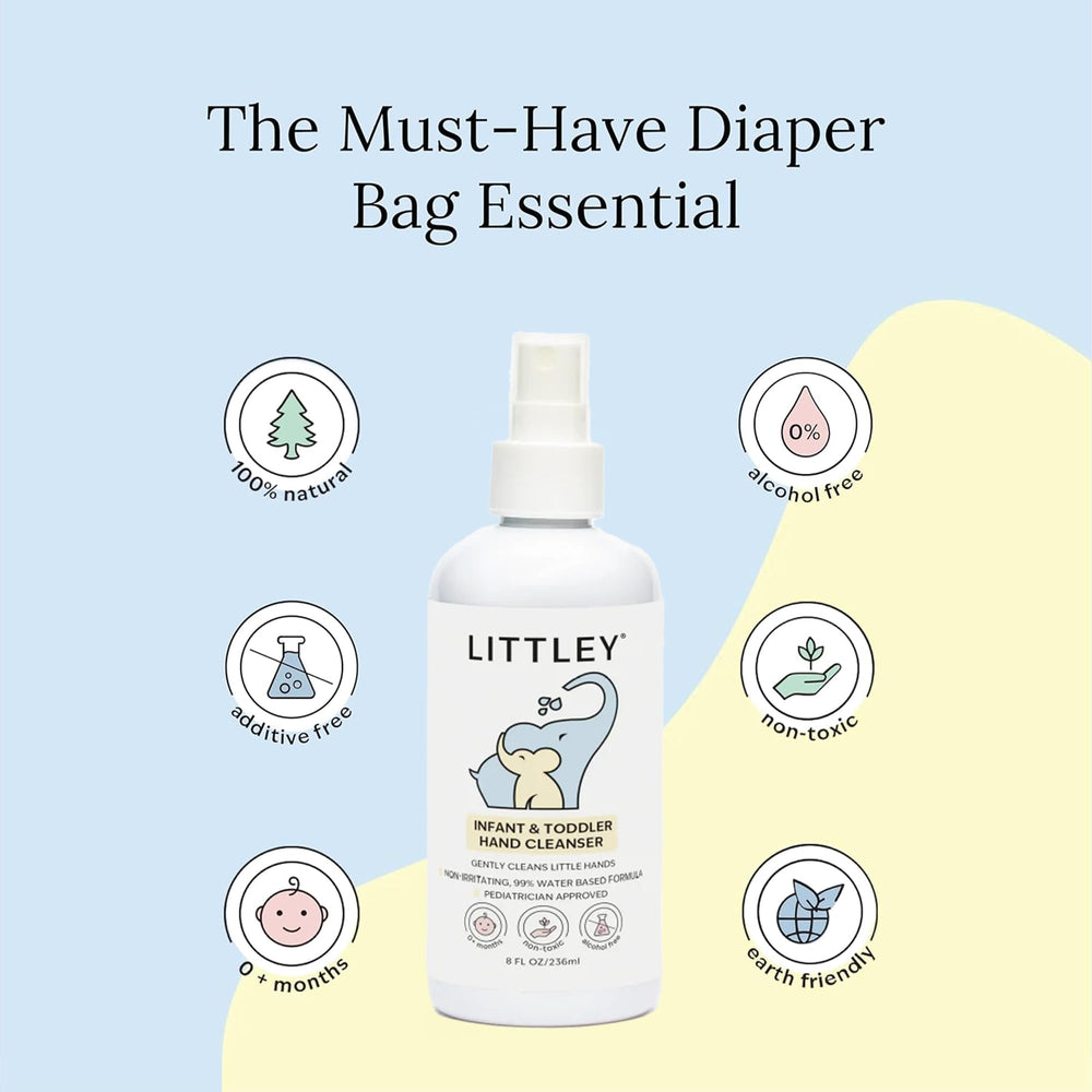 LITTLEY bottle held in adult hand showing compact 8 oz scale
