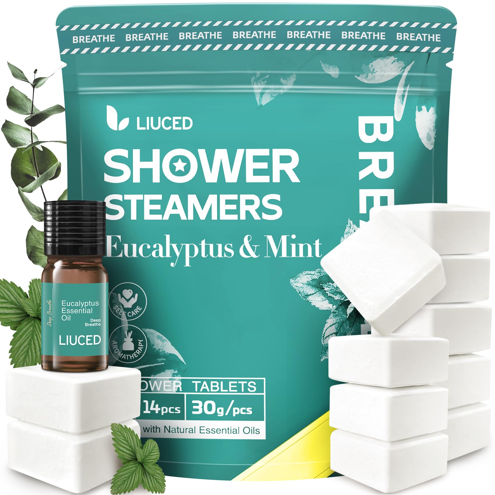 LIUCED front packaging showing eucalyptus and mint steamers, clear gift-ready presentation
