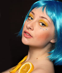LIULIUBTY blue wig paired with heart sunglasses highlighting playful accessory benefit