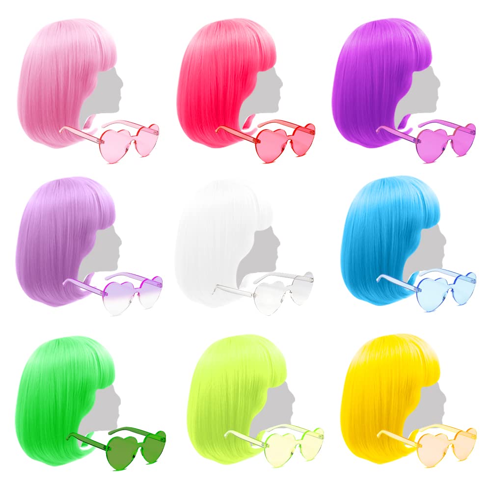 LIULIUBTY front packaging of nine colorful bubble gum bob wigs showing variety and convenience