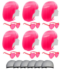 LIULIUBTY front view showing six hot-pink bob wigs and heart sunglasses, perfect for parties