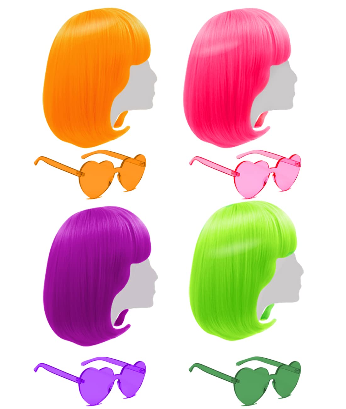 LIULIUBTY front packaging view showing four neon bob wigs and sunglasses benefit vivid presentation