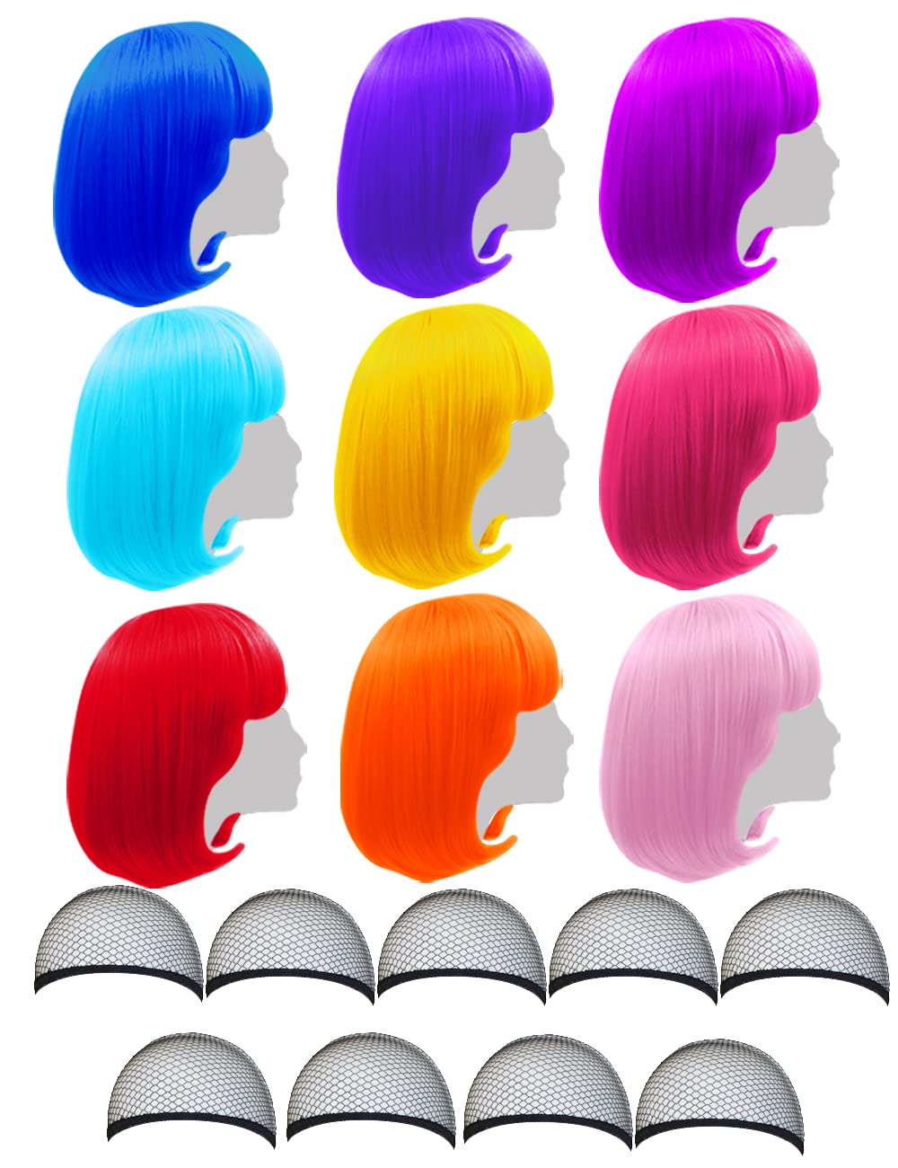 LIULIUBTY front view of nine colorful wigs showing variety and instant party impact
