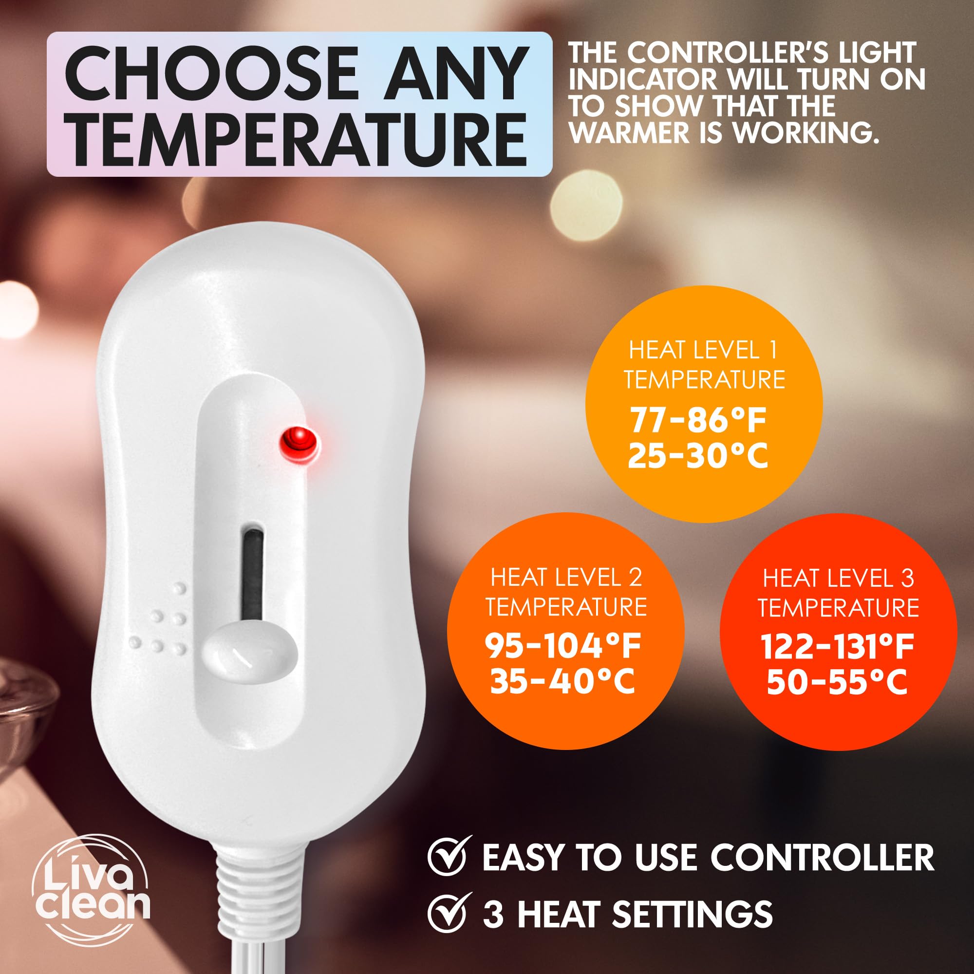 LivaClean control switch and cord for easy temperature adjustment