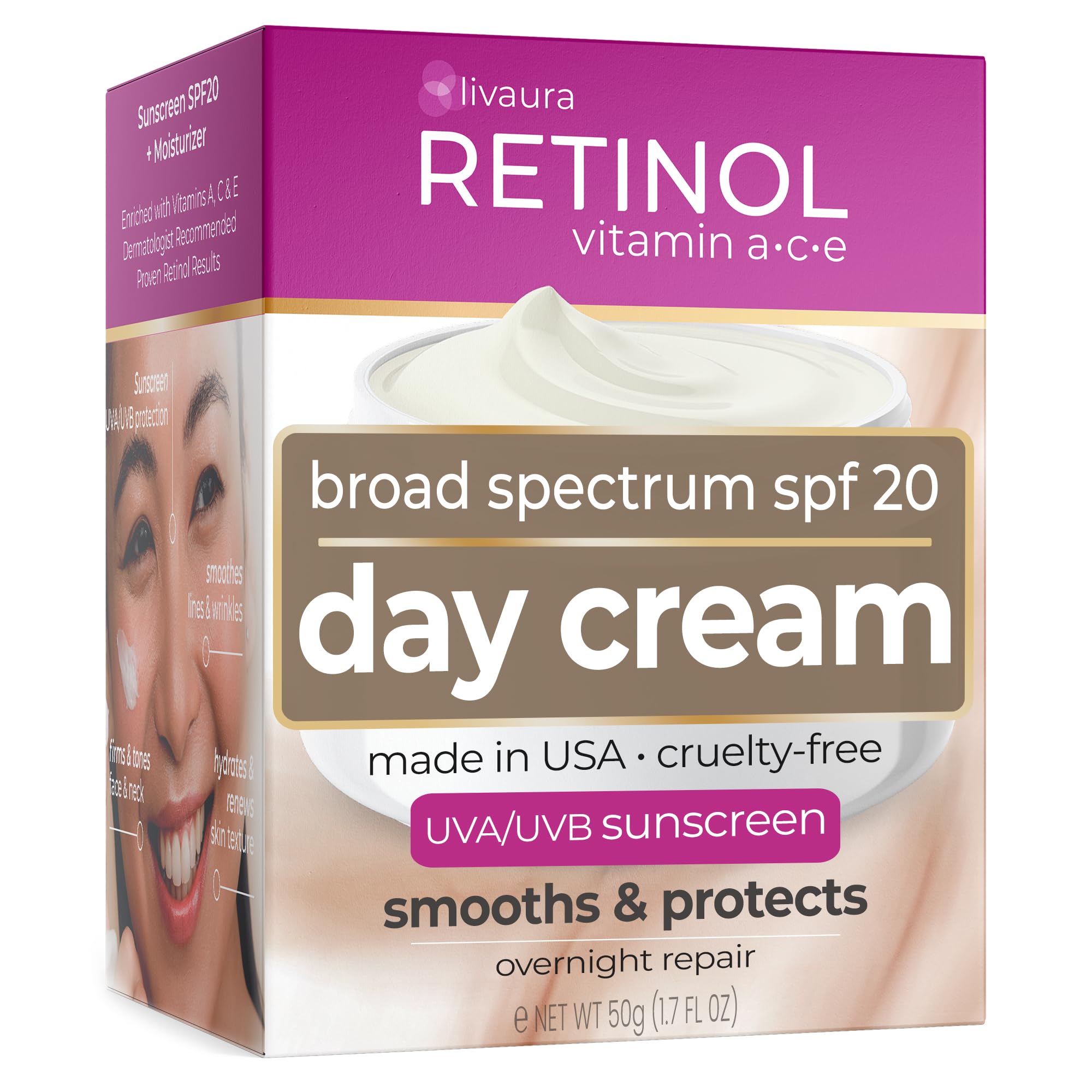 LIVAURA Retinol jar front view showing packaging and easy application benefit