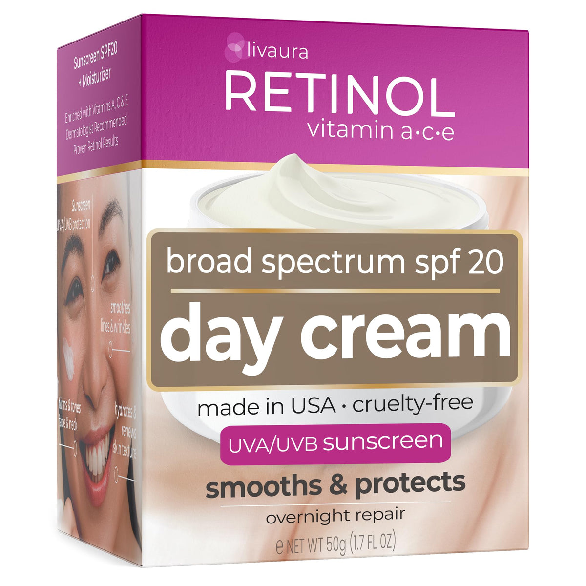 LIVAURA Retinol jar front view showing packaging and easy application benefit