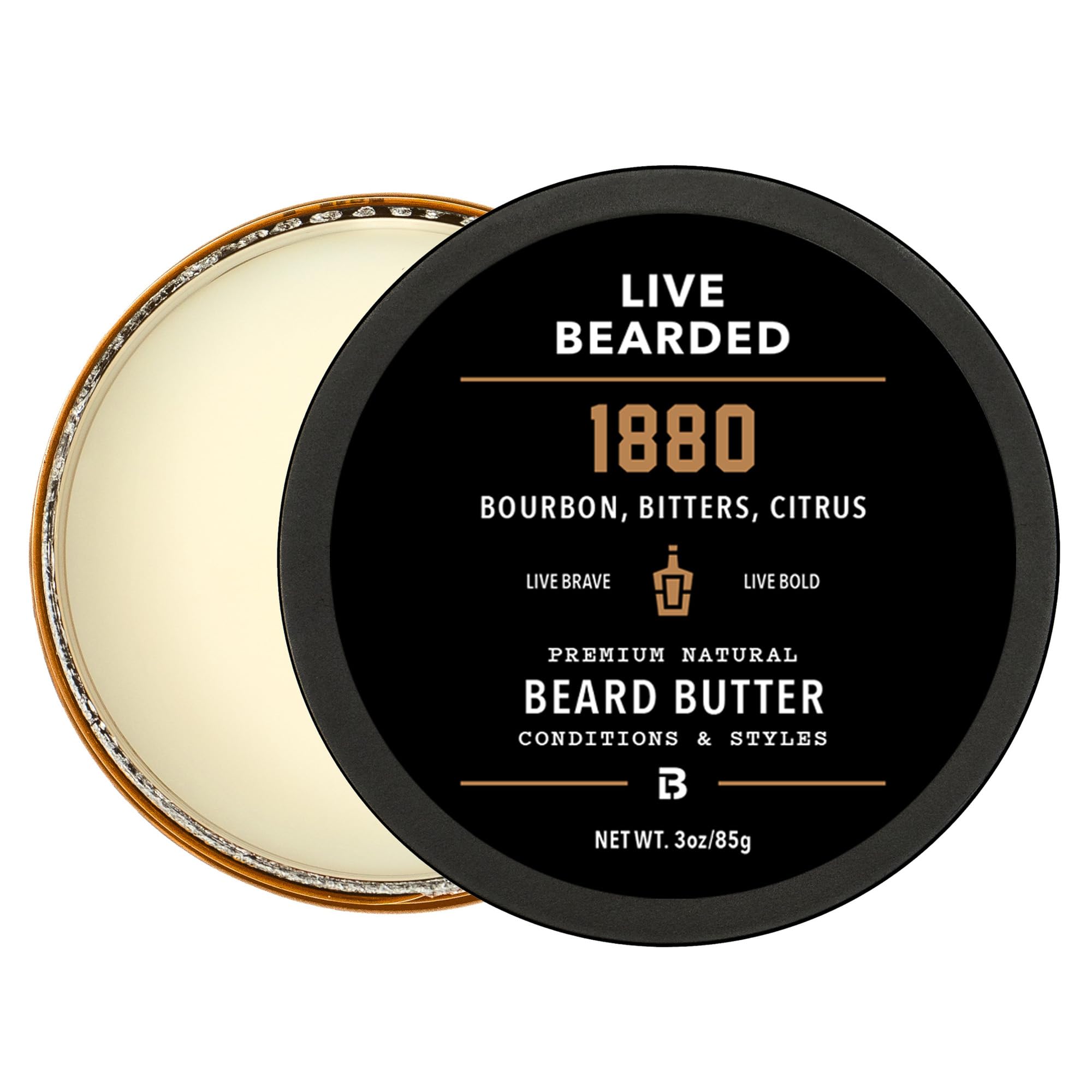 Live Bearded front jar showing 1880 bourbon bitters citrus scent and 3 fl oz size, highlights portability