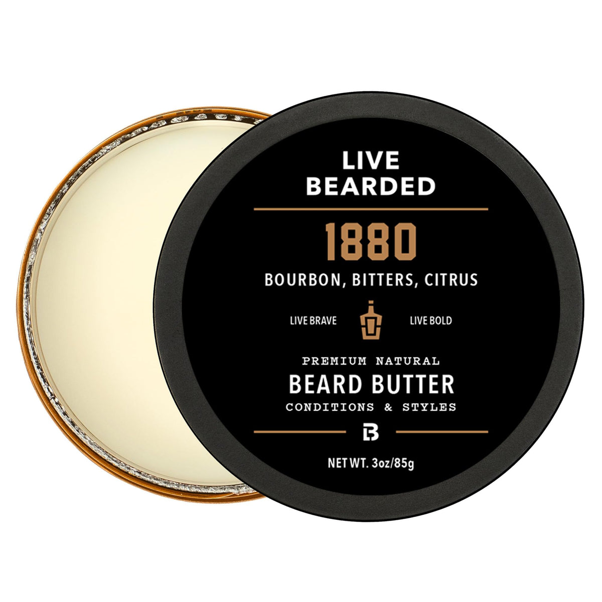 Live Bearded front jar showing 1880 bourbon bitters citrus scent and 3 fl oz size, highlights portability