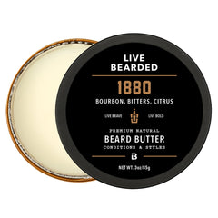Live Bearded front jar showing 1880 bourbon bitters citrus scent and 3 fl oz size, highlights portability