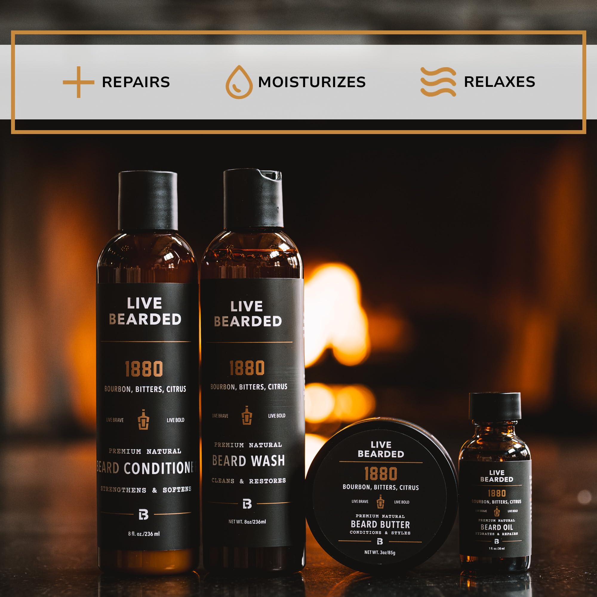 Live Bearded beard oil dropper above bottle highlighting hydration and soften benefit