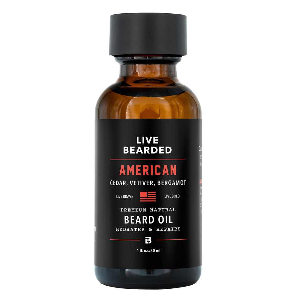 Live Bearded front bottle view showing cedar vetiver scent and clear benefit