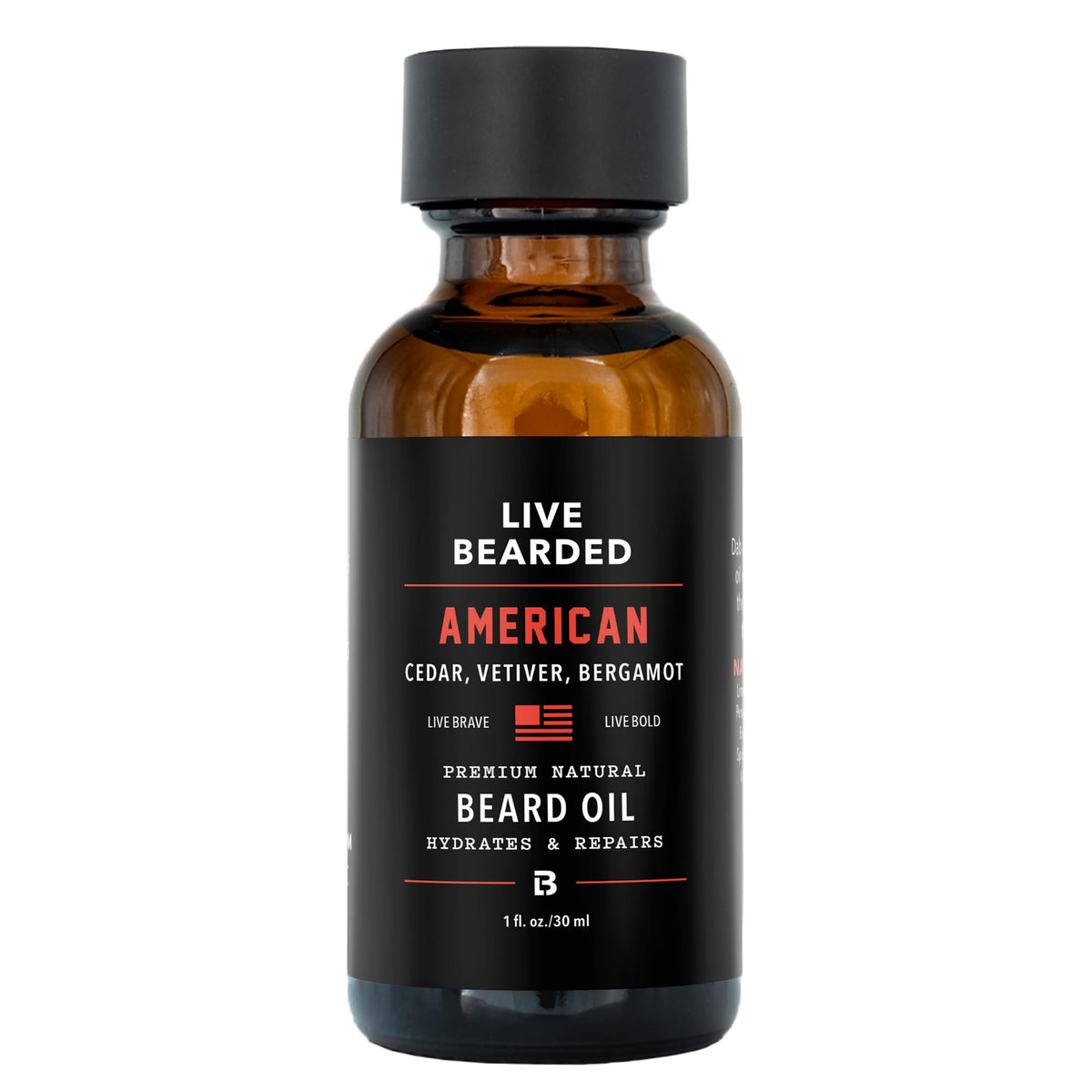 Live Bearded front bottle view showing cedar vetiver scent and clear benefit