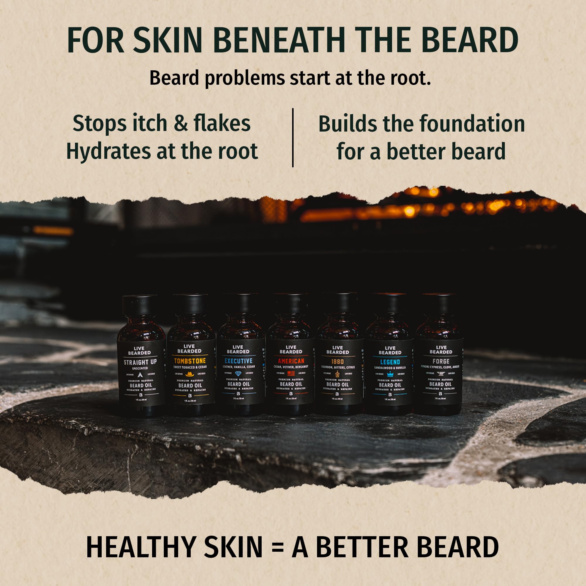Live Bearded label close-up highlighting scent notes and natural ingredients benefit
