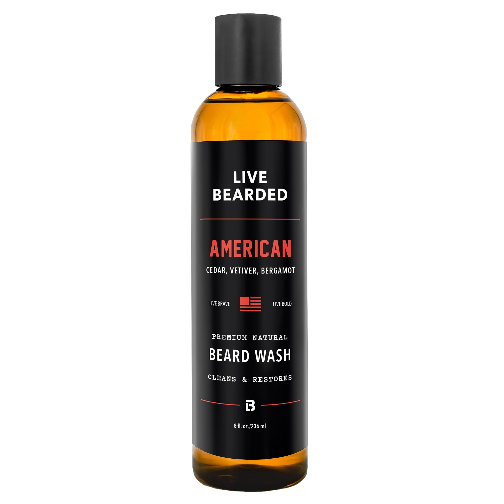 Live Bearded front bottle view showing American Scent and clean design benefit