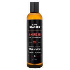Live Bearded front bottle view showing American Scent and clean design benefit