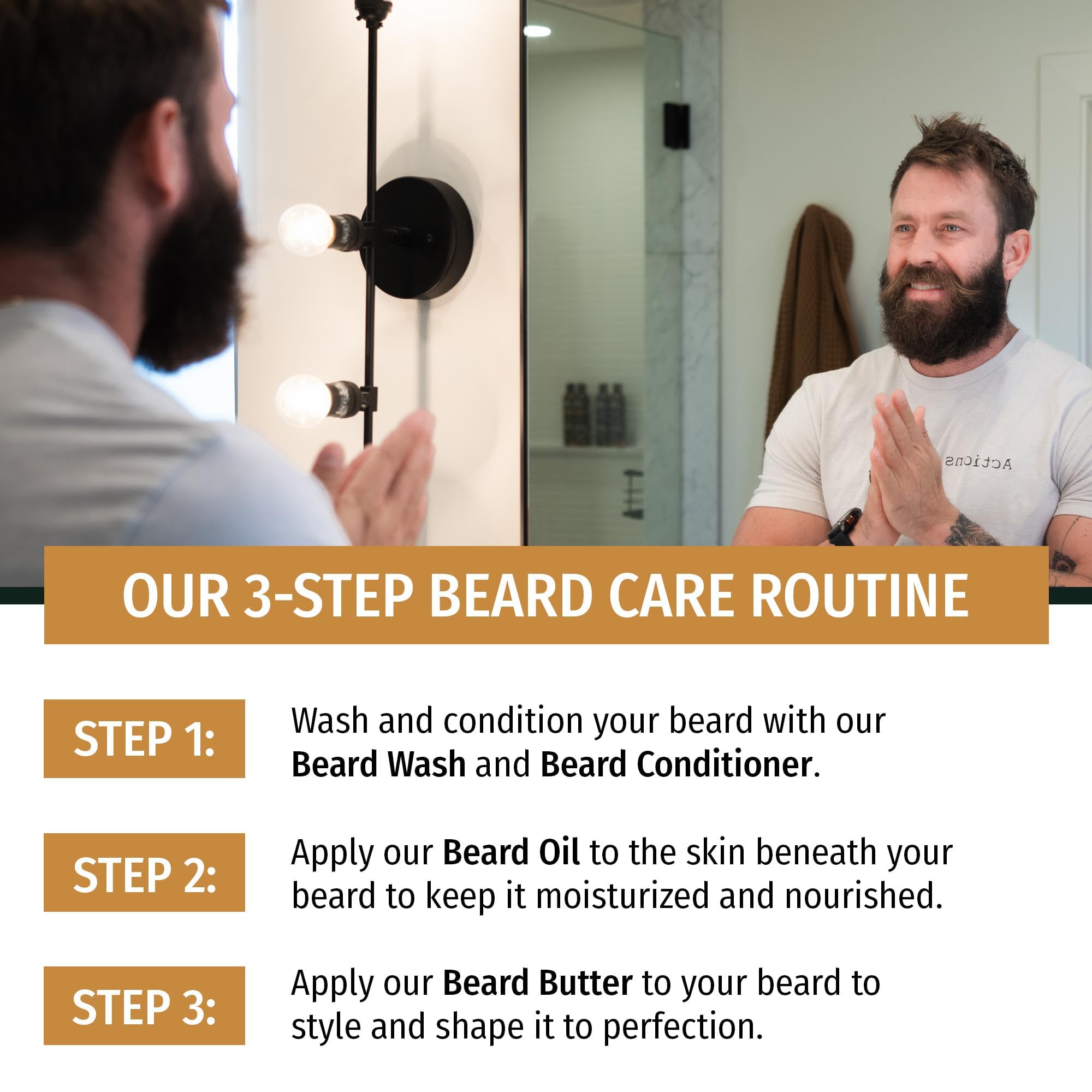 Live Bearded bottle arranged with beard oil and brush for routine