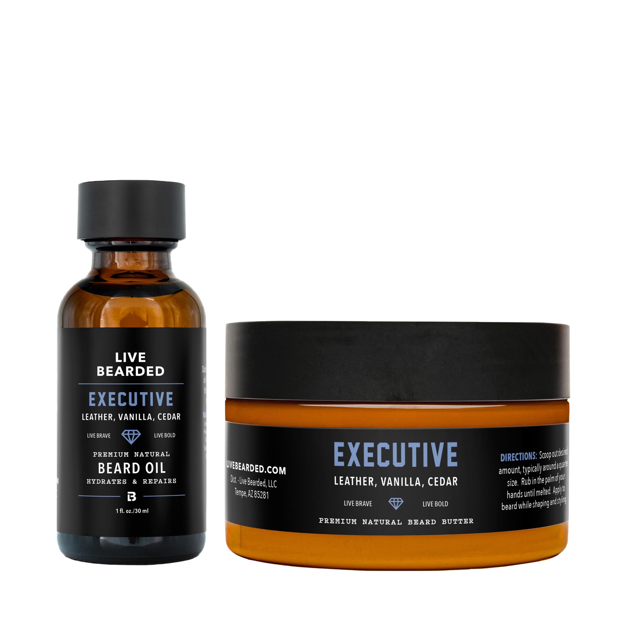 Live Bearded executive kit front packaging showing sleek bottles and scent