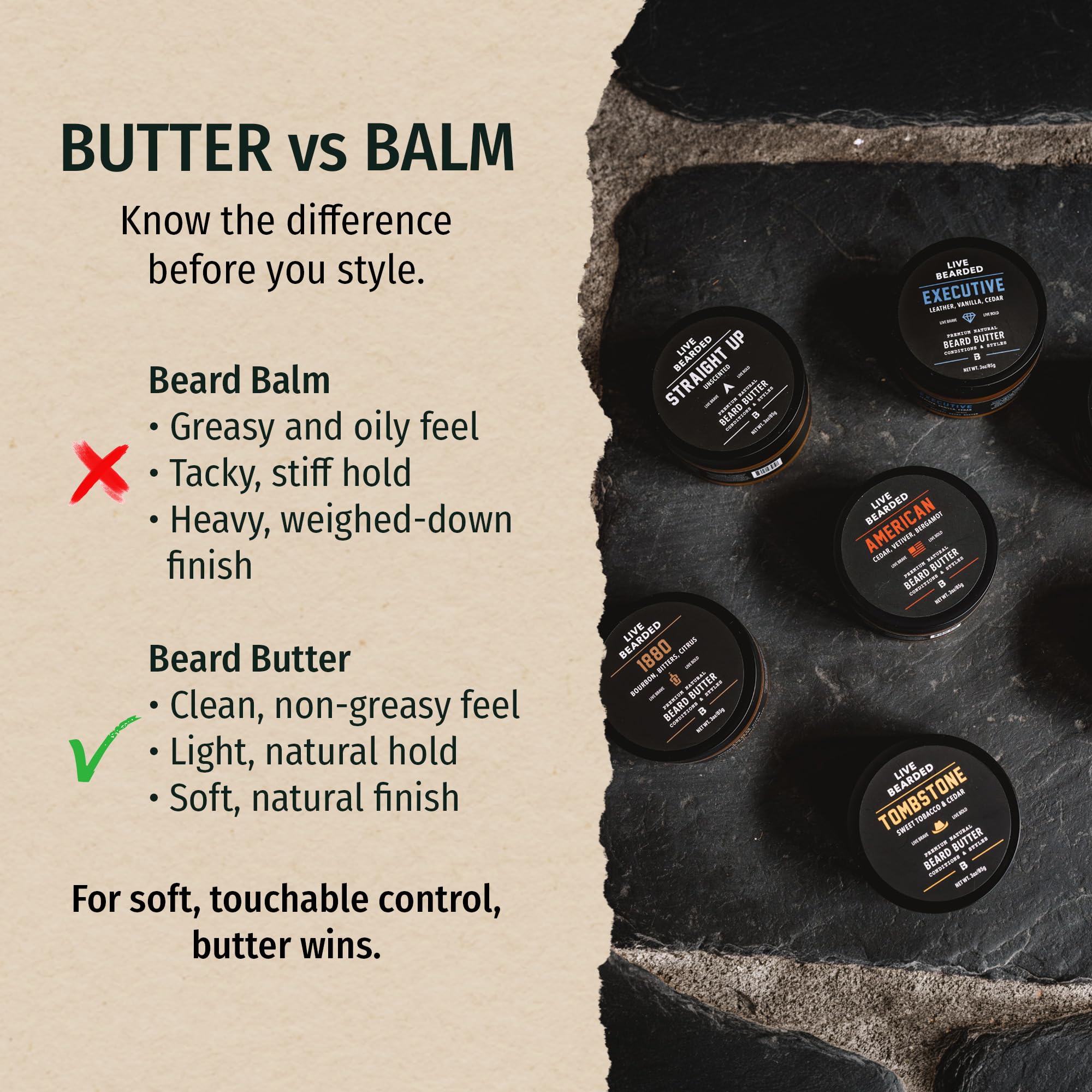 Live Bearded butter texture close-up highlighting smooth, moisturizing cream