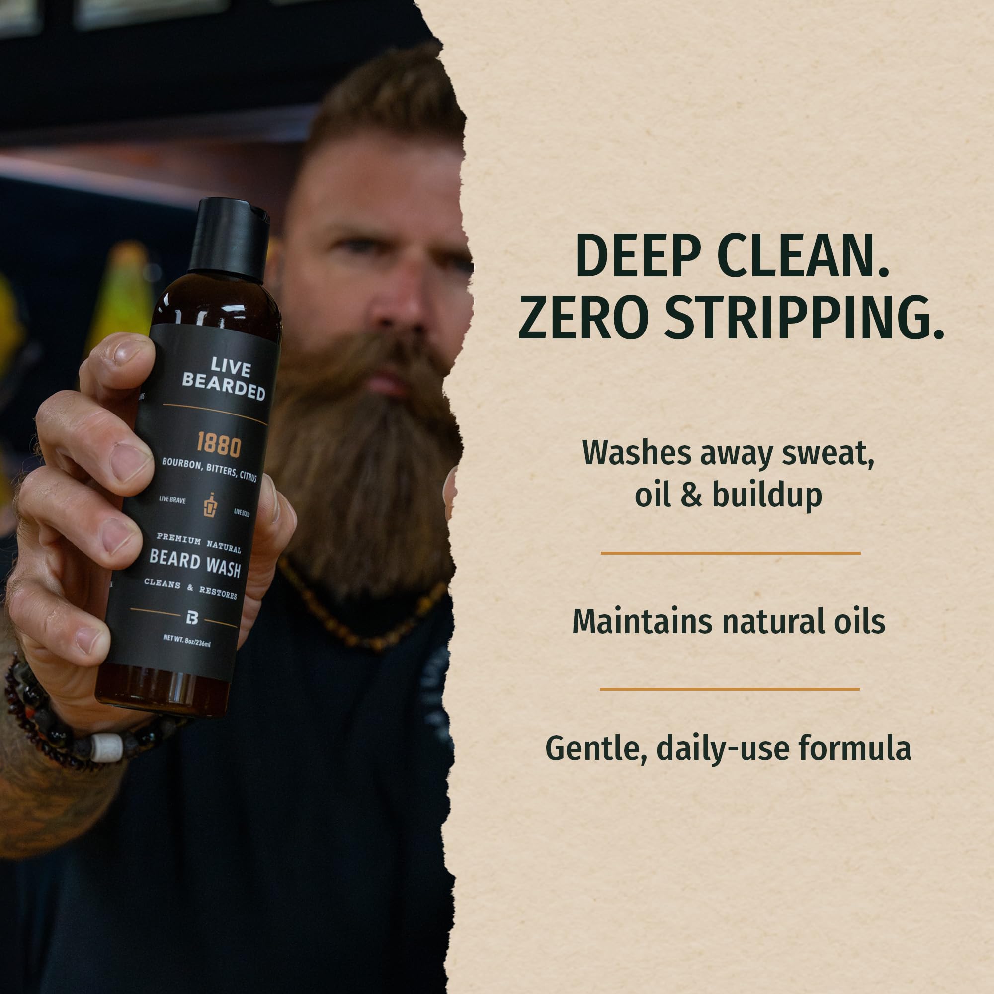 Live Bearded bottle held in hand showing 8 fl oz practical size