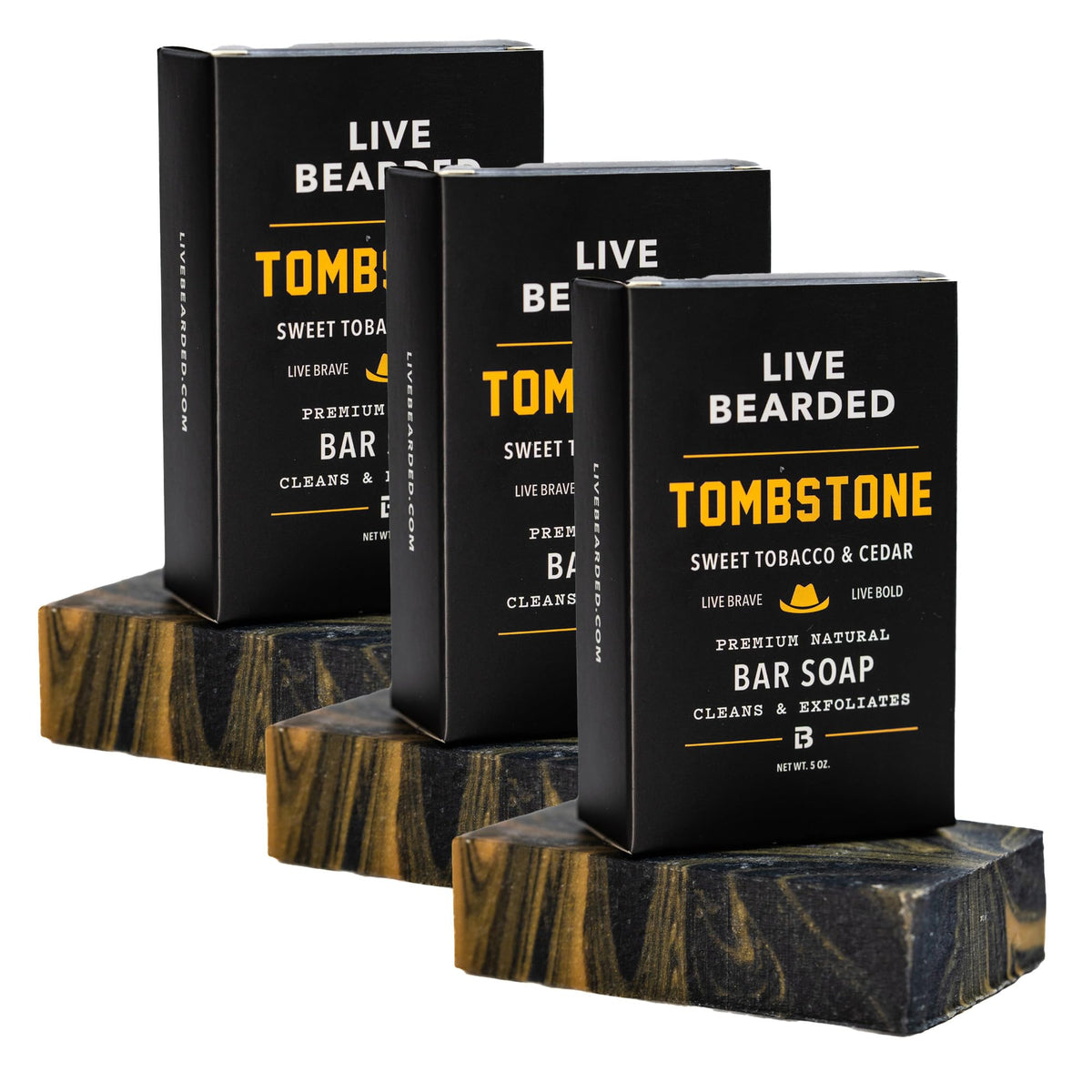 Live Bearded front packaging showing Tombstone scent and three-pack benefit