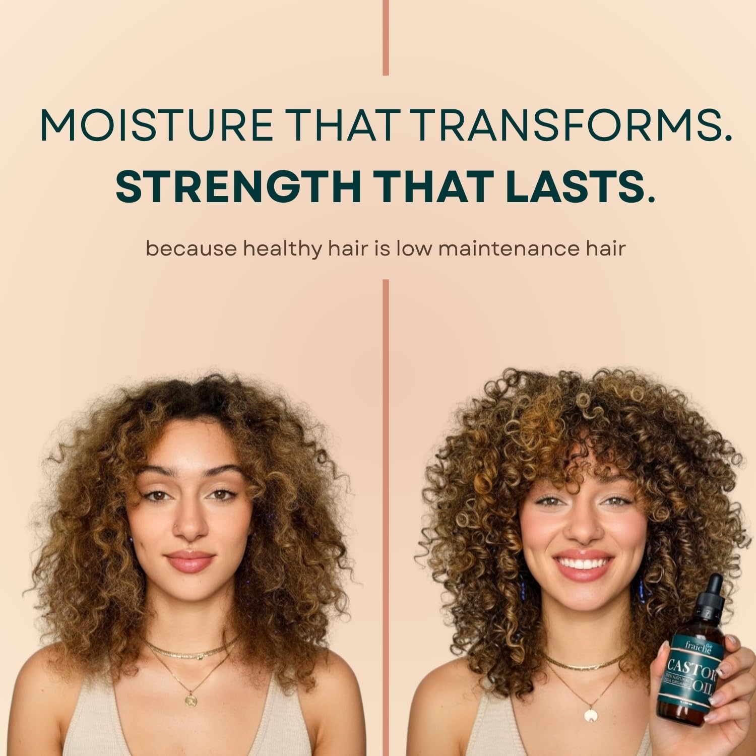Live Fraiche applying oil through hair mid-lengths to reduce frizz and condition