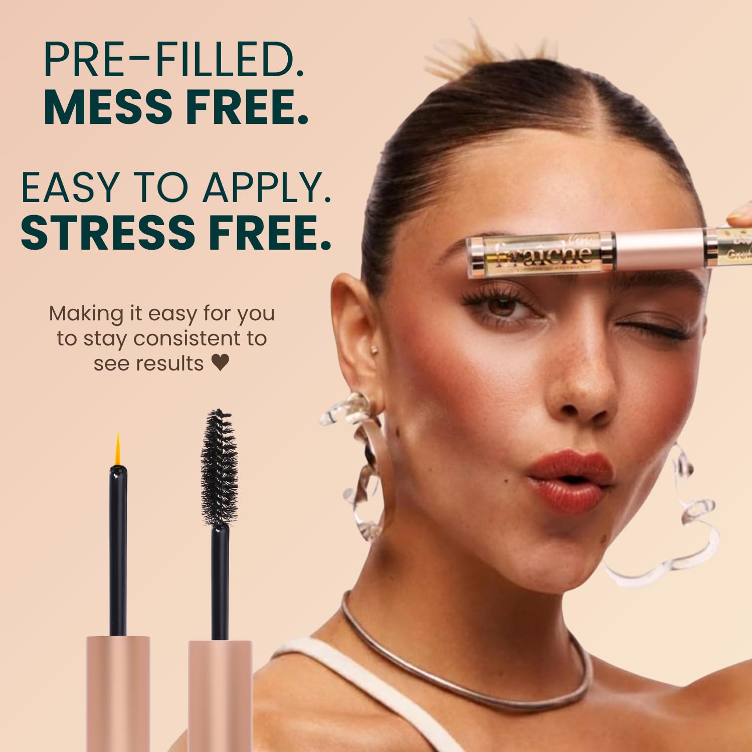 Live Fraiche mascara wand applying oil to lashes for controlled, mess-free coating