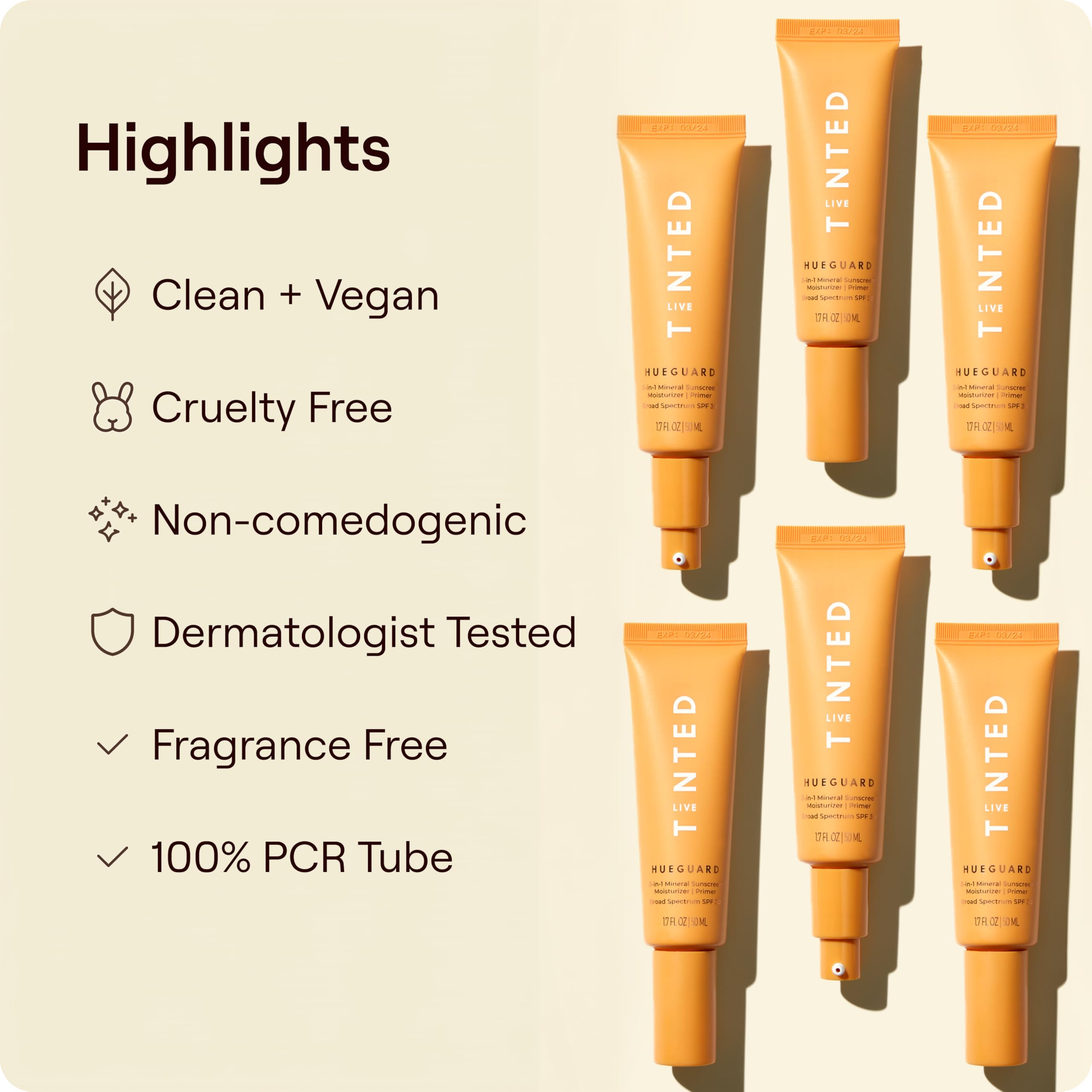 Live Tinted Hueguard label detail highlighting reef-friendly and vegan benefits