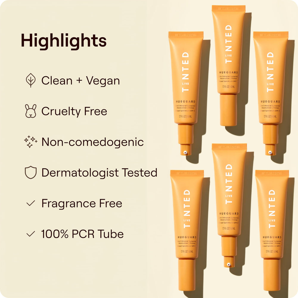 Live Tinted Hueguard label detail highlighting reef-friendly and vegan benefits