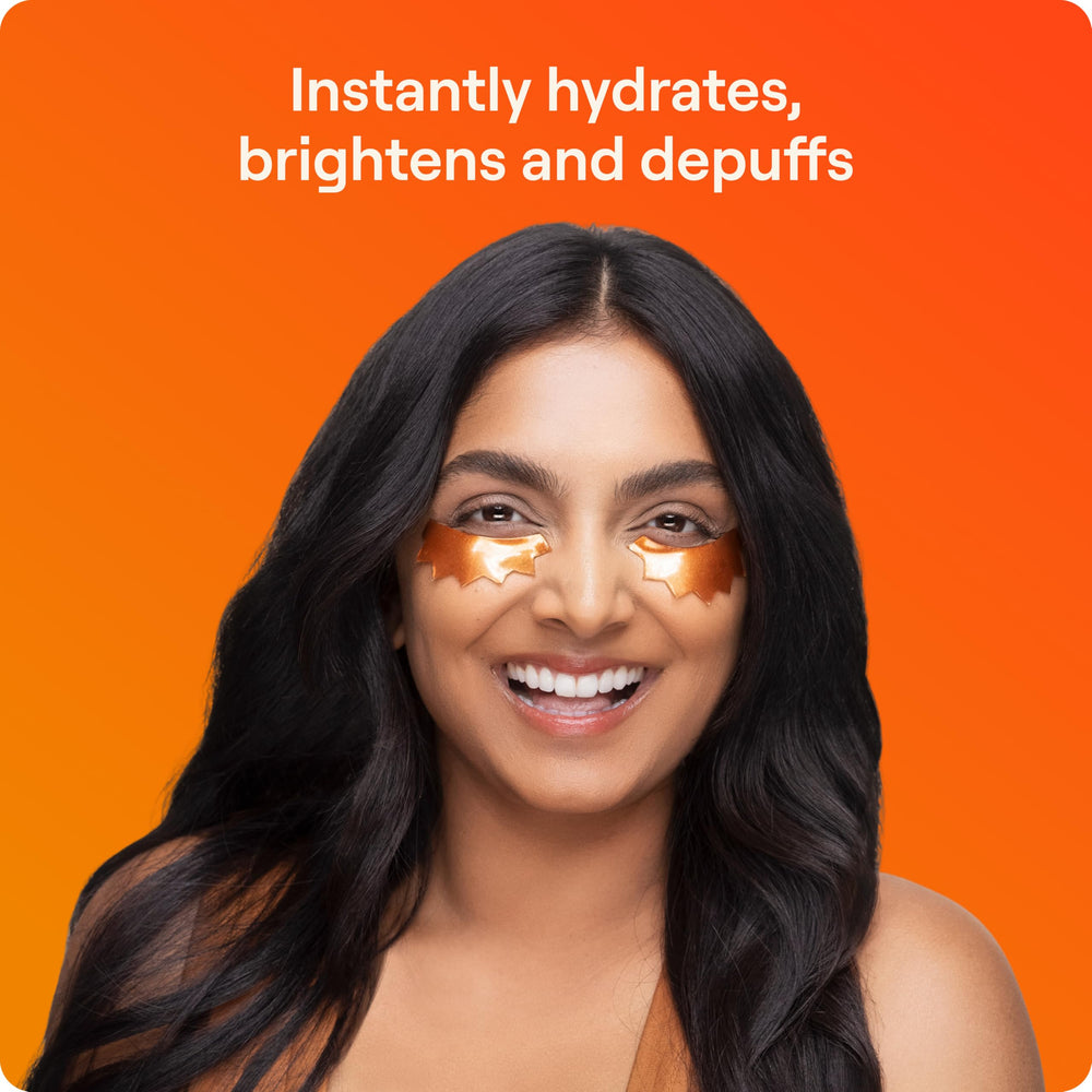 Live Tinted close-up of one copper peptide eye patch showing smoothing effect