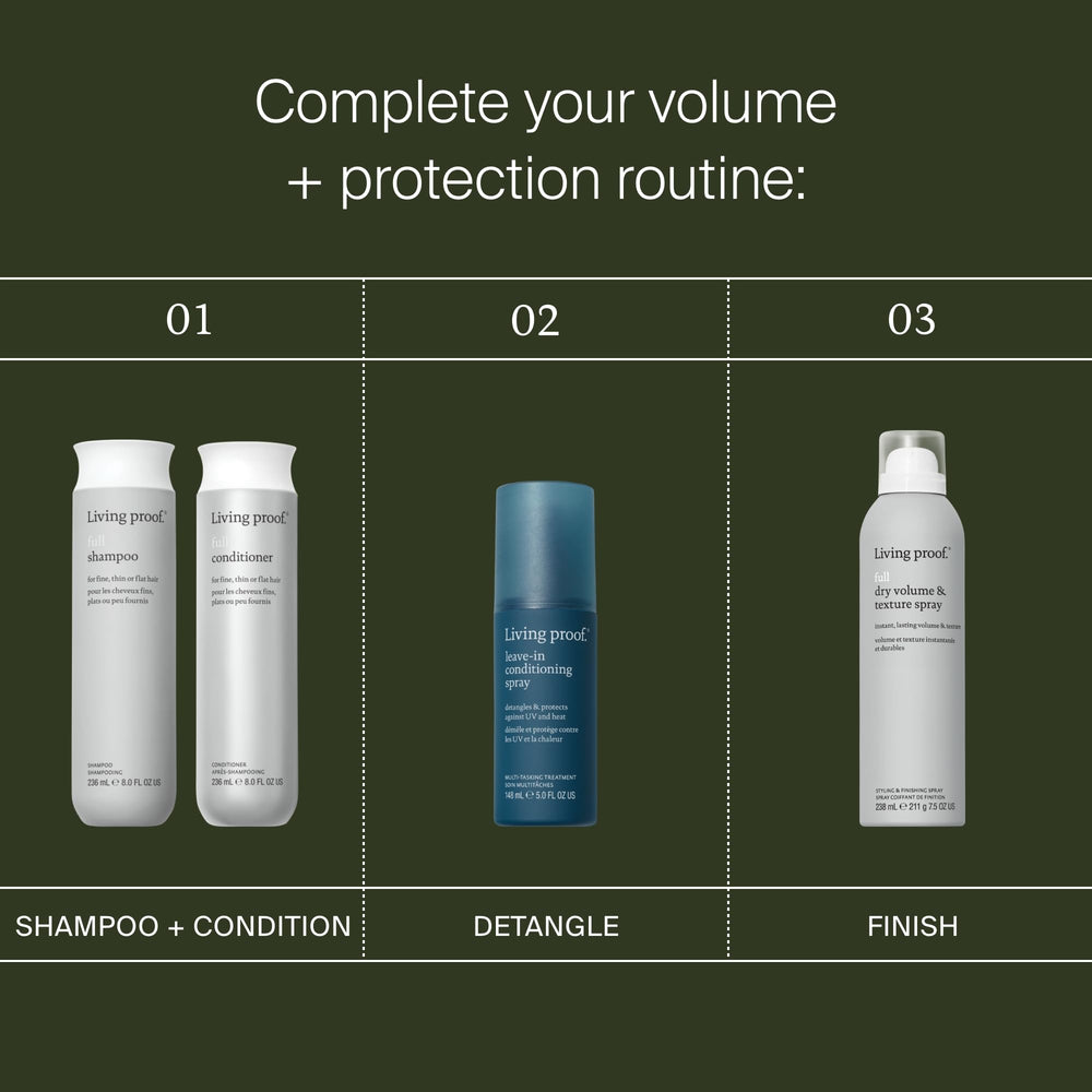Living Proof conditioner size comparison next to hand showing portable 8 oz travel-friendly benefit