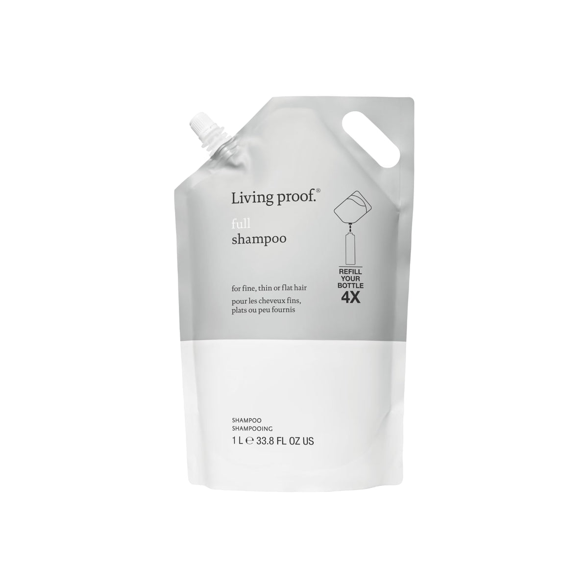 Living Proof full shampoo front bottle shows large-size volume benefit