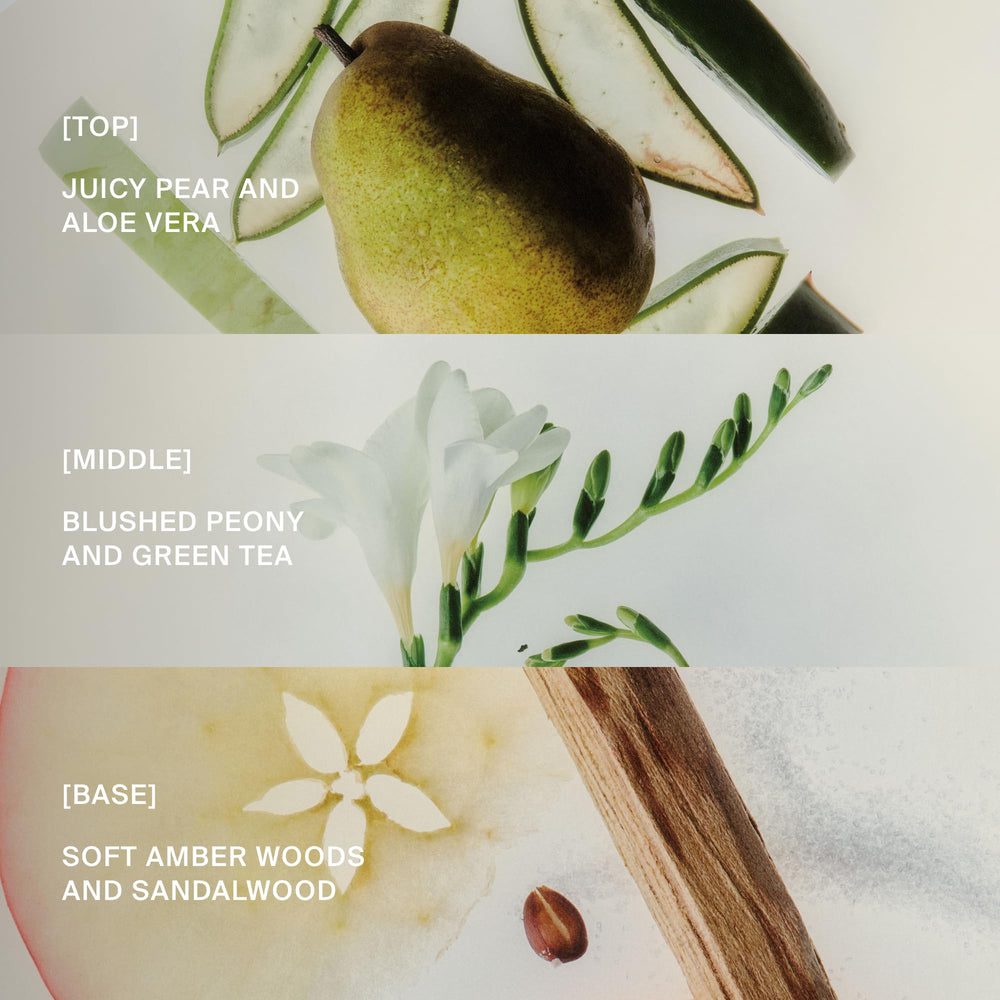 Living Proof bottle staged in bright summer setting conveying fresh fragrance
