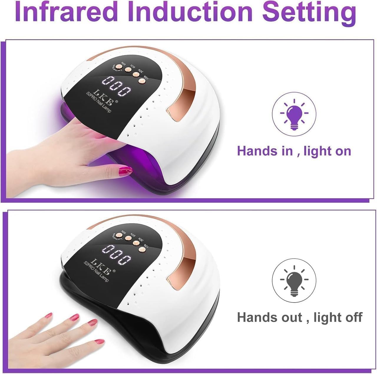LKE hand under infrared sensor activated for hands-free curing and effortless operation