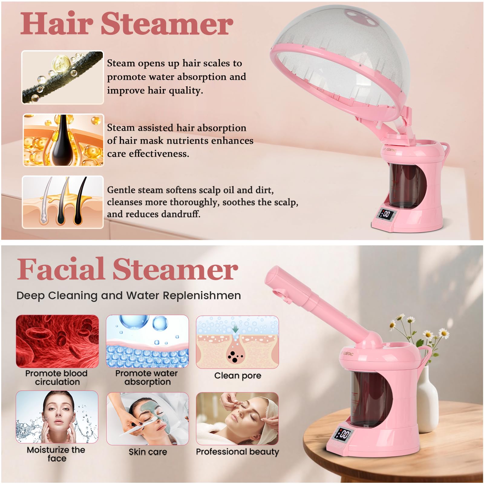 LKT COBTAC facial steam close-up showing fine vapor for gentle cleansing