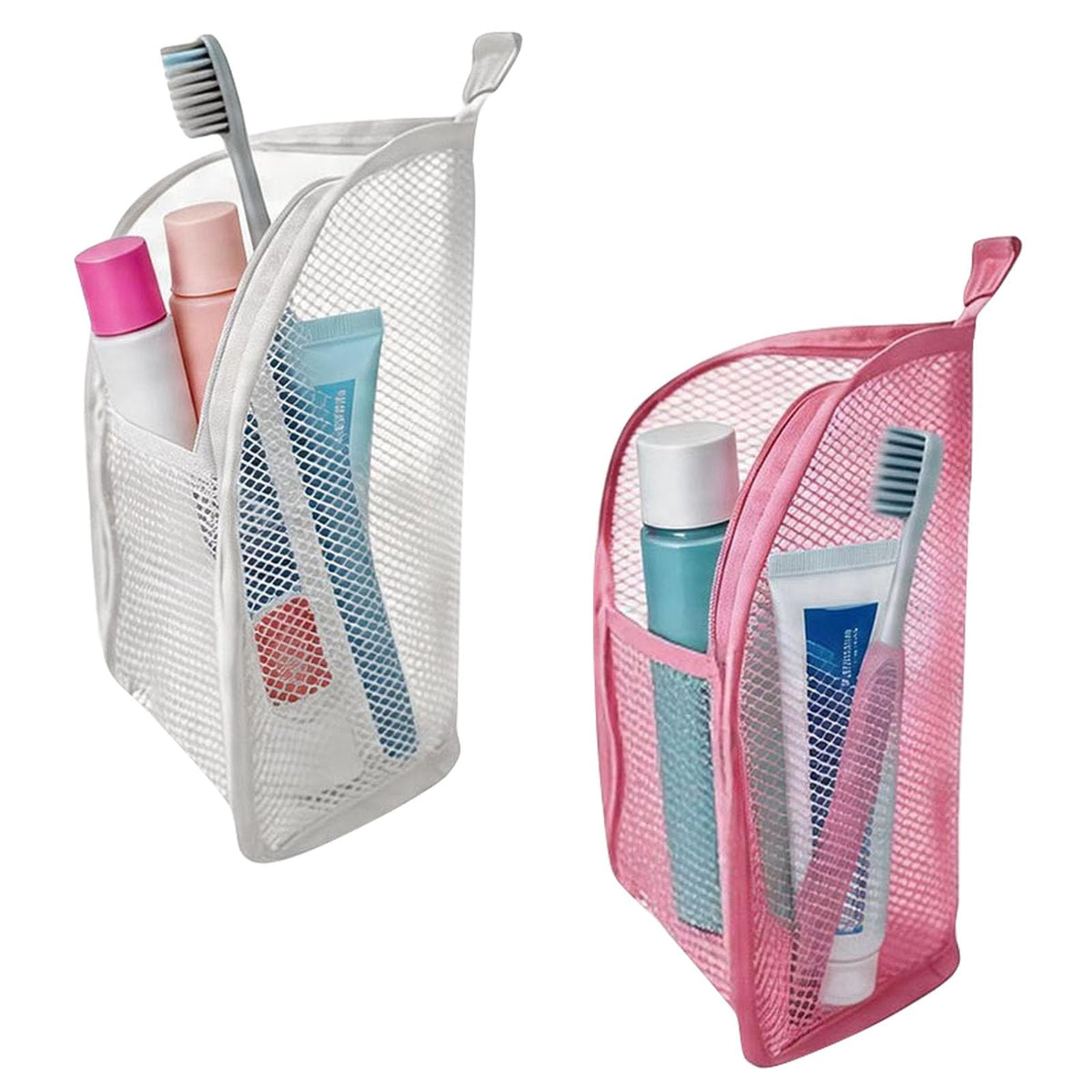 LLisa Soower front view of two standing toiletry bags showing colors and upright benefit
