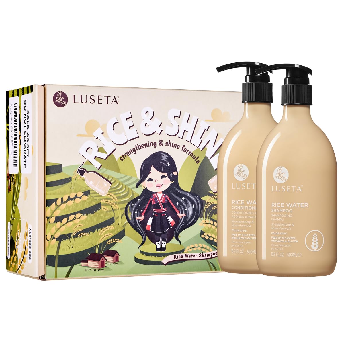 L LUSETA front packaging of rice water shampoo and conditioner showing product benefits