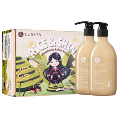 L LUSETA front packaging of rice water shampoo and conditioner showing product benefits