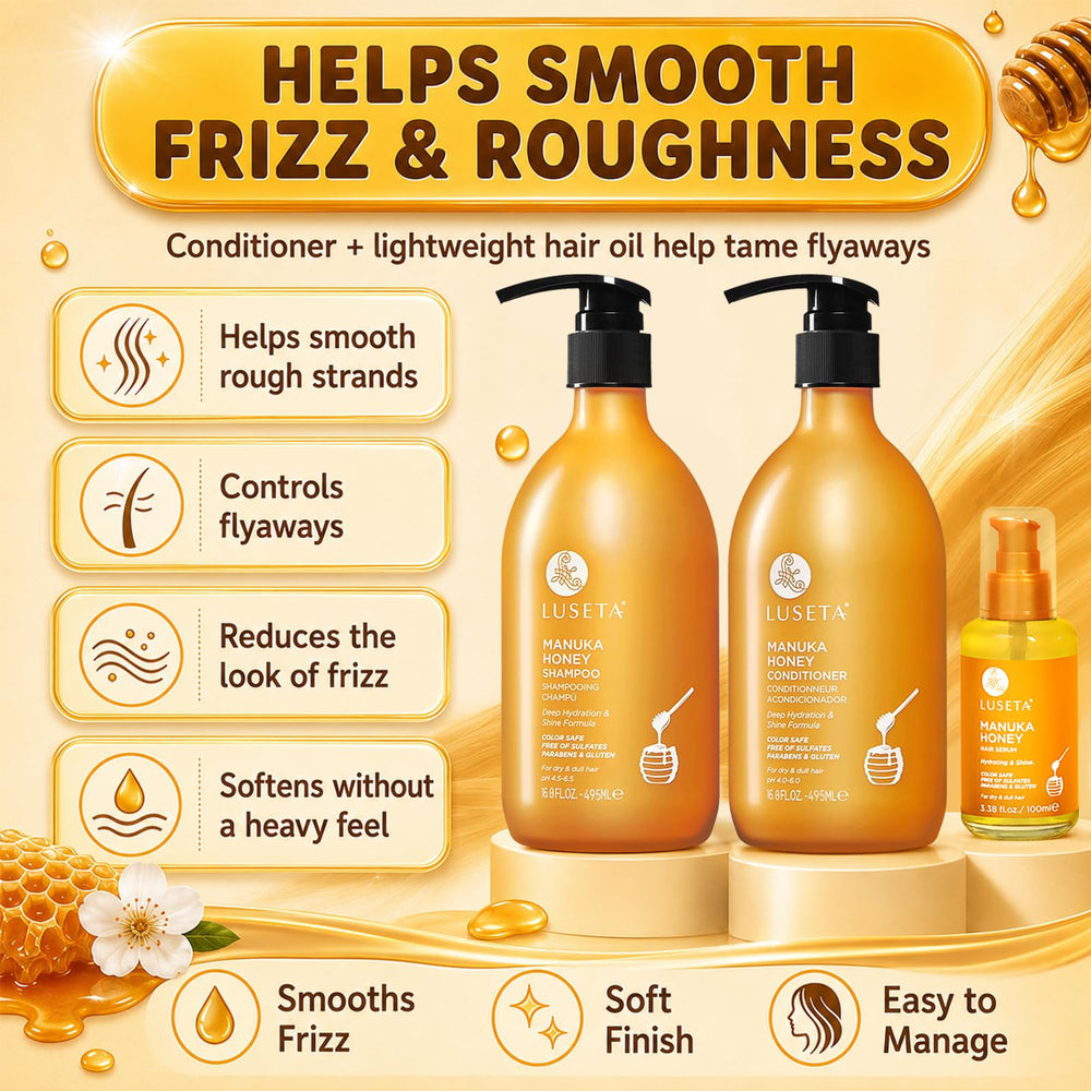 L LUSETA conditioner pouring to show creamy texture and smoothing benefit
