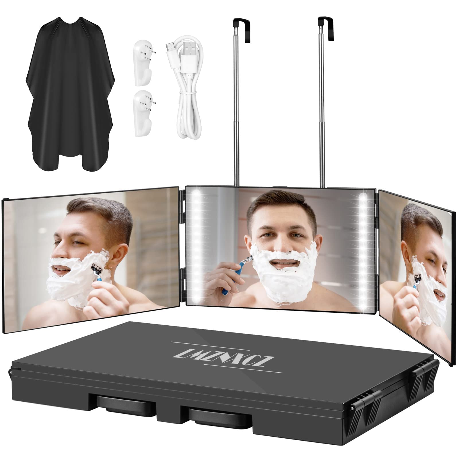 LMZNXCZ front view tri-fold mirror showing full reflection and LED benefit