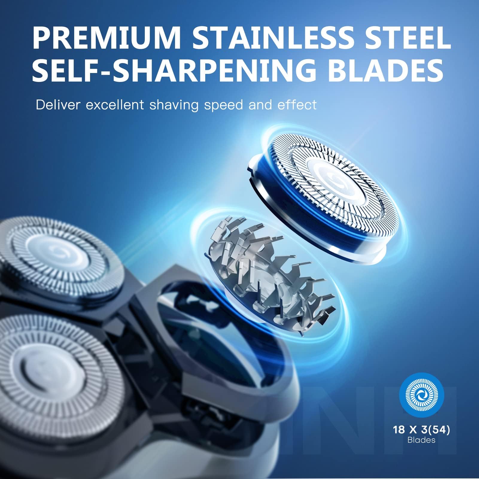 LOBINH close-up of rotary heads highlighting dense blades and foils benefit