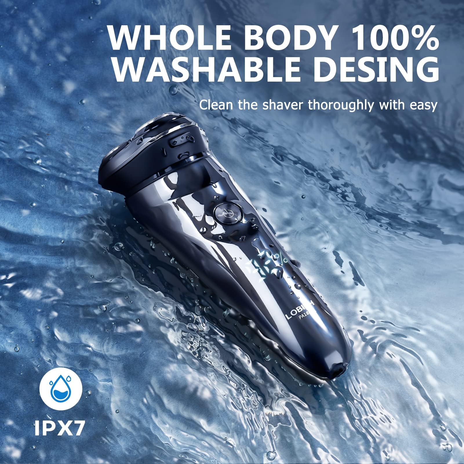 LOBINH shaver rinsed under water demonstrating easy washable cleaning