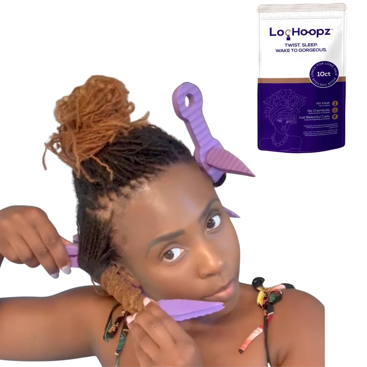 Loc Hoopz front packaging showing 10 foam curling loops and benefits