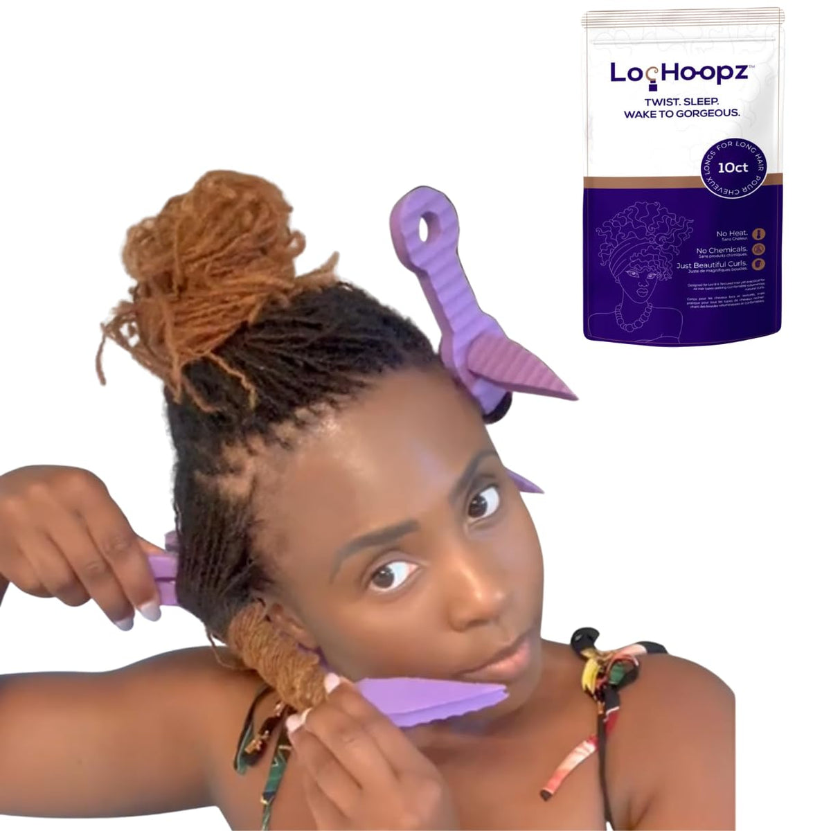 Loc Hoopz front packaging showing 10 foam curling loops and benefits