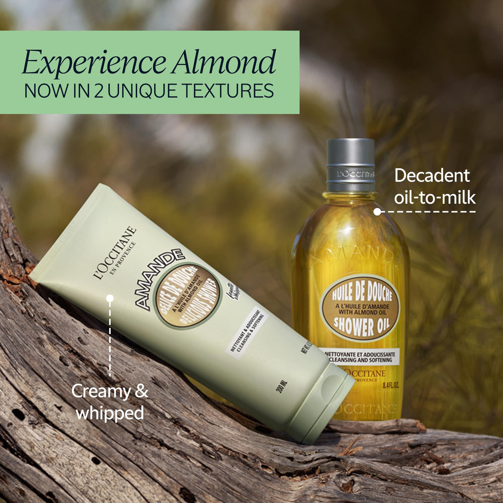 L'Occitane sweet almond oil ingredient bottle illustrating nourishing and moisturizing benefit